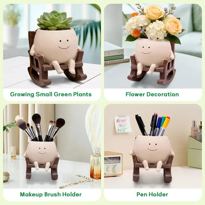 Smily Face Rocking Chair Cute Resin Flower Head Succulent Planter Pots with Drainage Hole