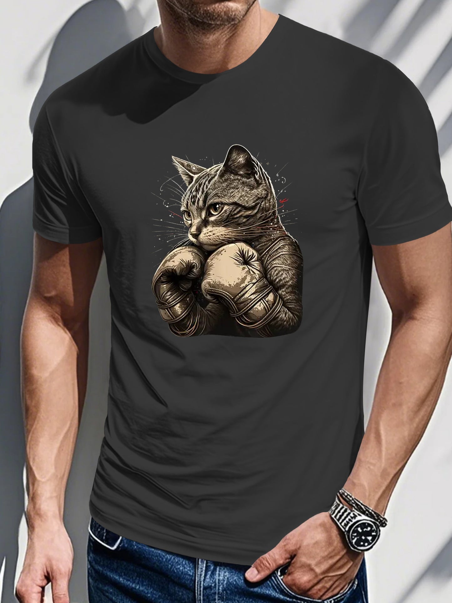 Lightweight Breathable Cotton Men's Casual Black T-Shirt - Boxing Cat Graphic