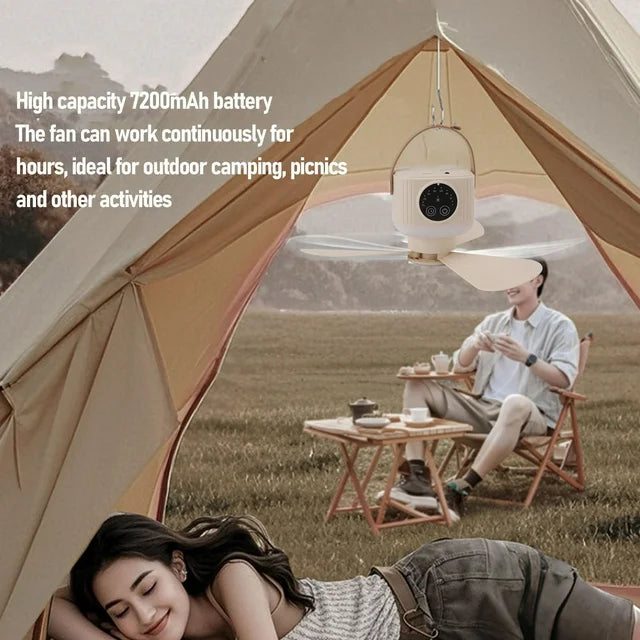 USB Ceiling Fan, Timing Function Quiet Camping Ceiling Fan 7200mAh Battery with Light for Bed for Tent