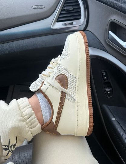 Street-Force 1 Cream Earth-Tone Kicks | Custom Aesthetic Thick-Sole Skate Shoes