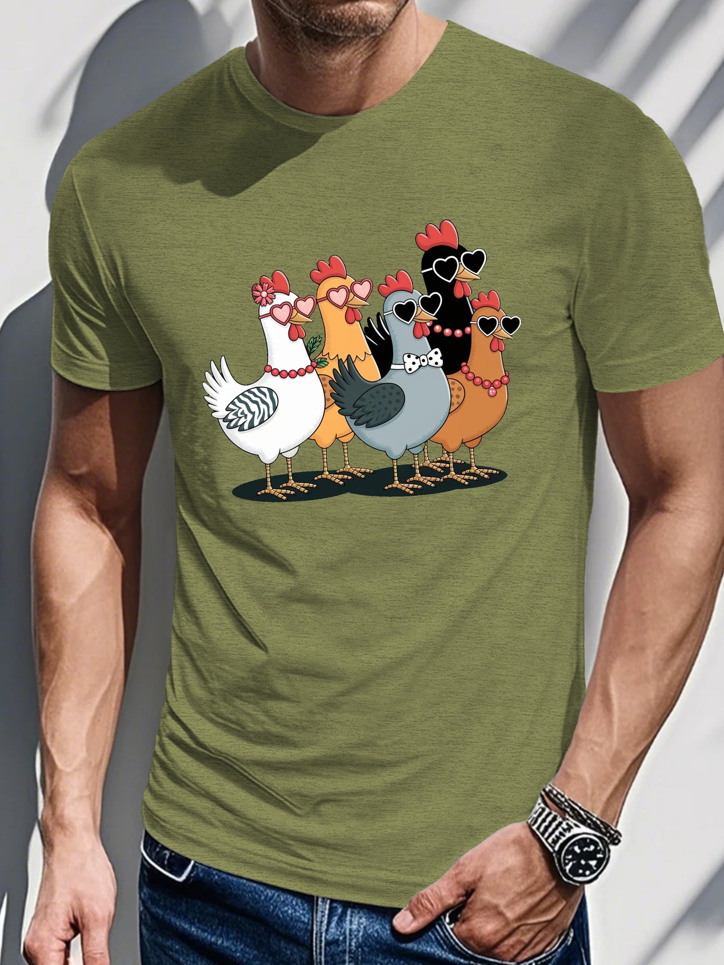 Men's Printed T-shirt-Gentleman Chicken with Sunglasses Graphics