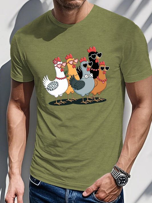 Men's Printed T-shirt-Gentleman Chicken with Sunglasses Graphics