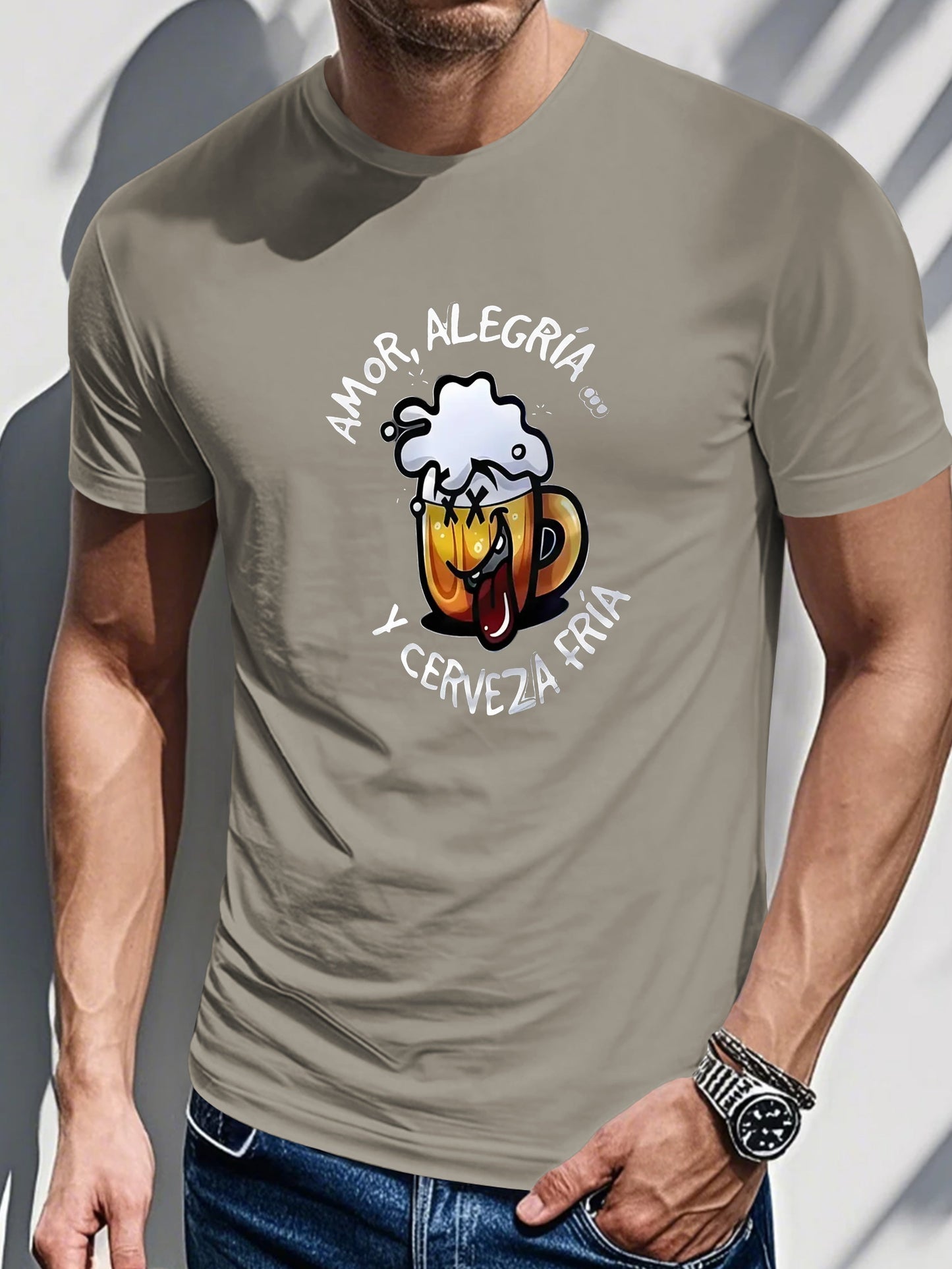 Men's Printed T-shirt-AMOR, ALEGRIA Y CERVEZA FRIA
