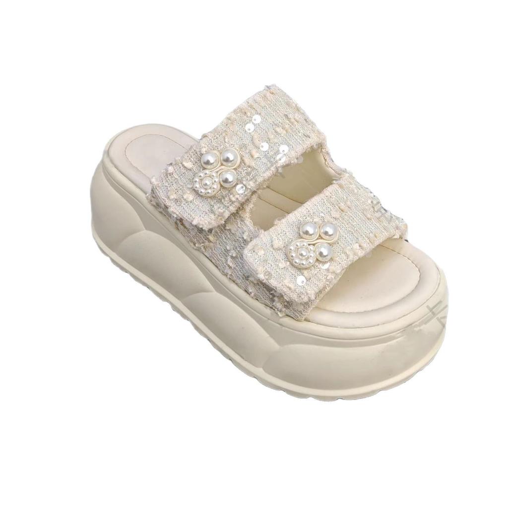 Women's Glitter Beaded Slides - Double Strap Platform Sandals