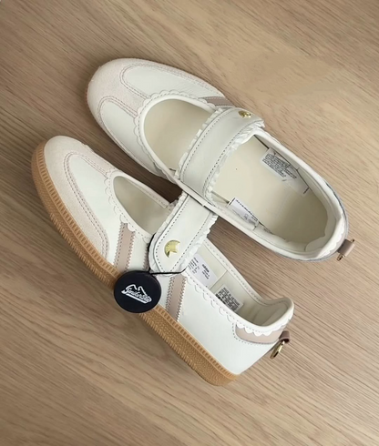 Vintage T Toe Casual Terrace Flats featuring Sweet Ruffled Trim and Midfoot Strap