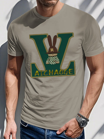 Men's Summer Casual Loose Fit T-Shirt - Olive Green Geometric Letter Print Round Neck Tee