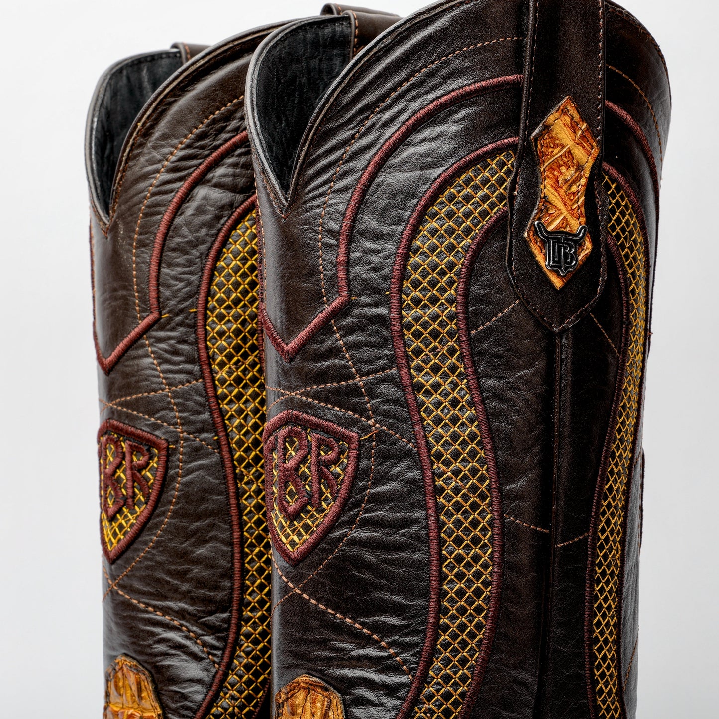 Two-Tone Caiman Neck Leather Boots - Square Toe