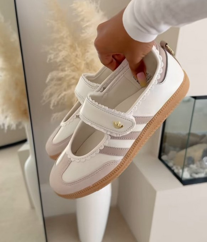 Vintage T Toe Casual Terrace Flats featuring Sweet Ruffled Trim and Midfoot Strap