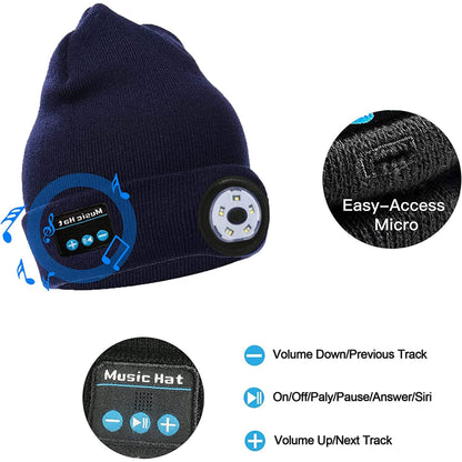 Bluetooth Beanie Hat with Light, USB Rechargeable Music Winter Hat