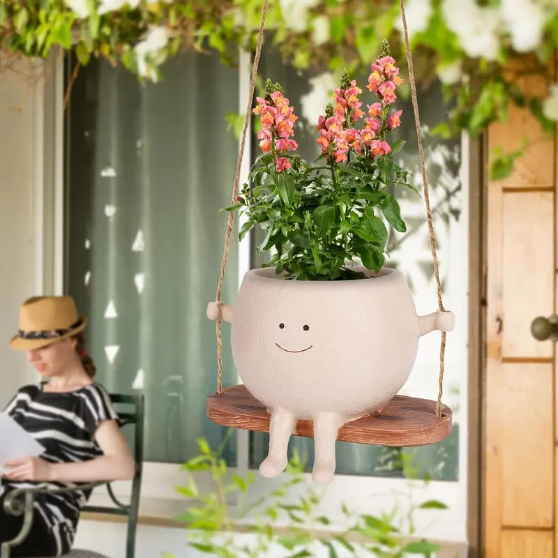 Smily Face Rocking Chair Cute Resin Flower Head Succulent Planter Pots with Drainage Hole