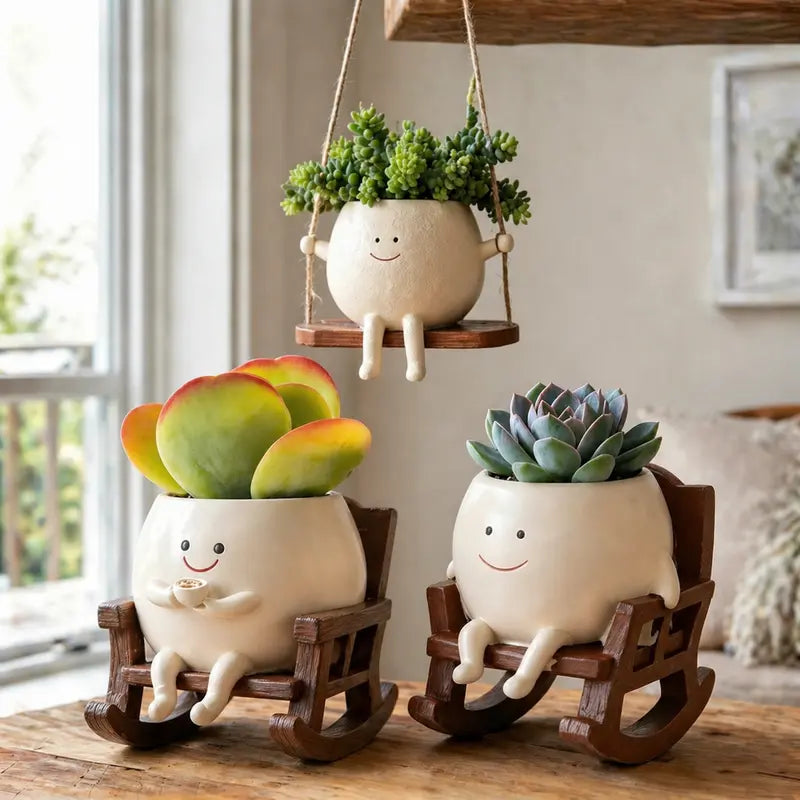 Smily Face Rocking Chair Cute Resin Flower Head Succulent Planter Pots with Drainage Hole