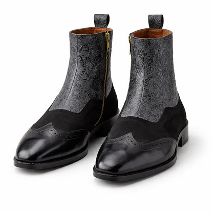 Men's Embossed Leather Brogue Zip Aankle Boots