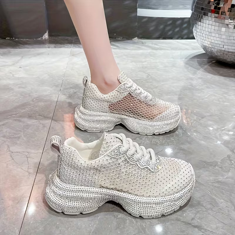 Women's Textile Mash Sparkling Sequin Thick Sole Sneakers
