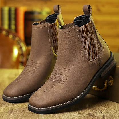 Men's Western Cowboy Boots Square-Toe Chelsea Ankle Boots