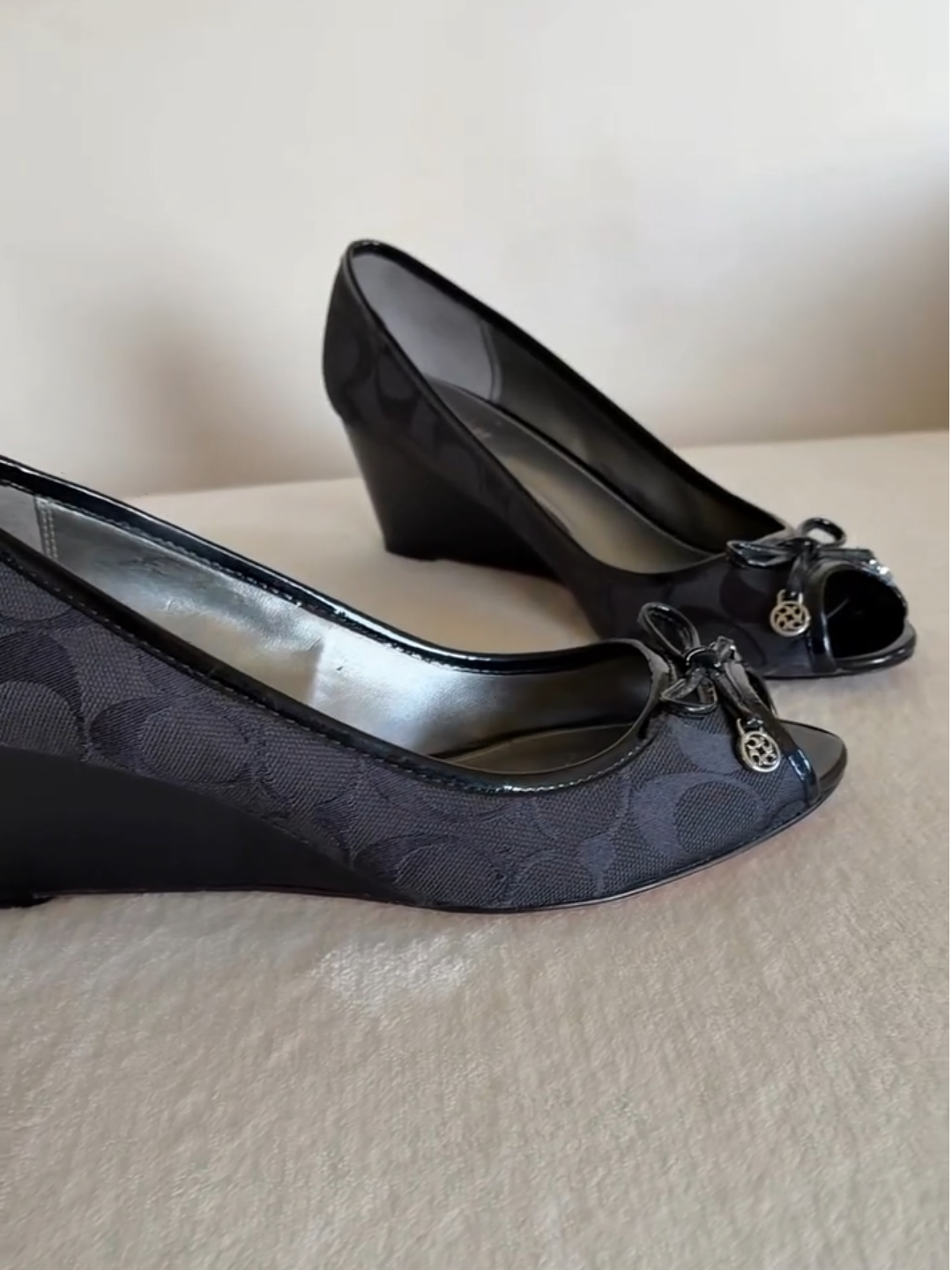 Monogram Peep Toe Wedge Shoes with Patent Trim & Bow