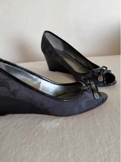 Monogram Peep Toe Wedge Shoes with Patent Trim & Bow