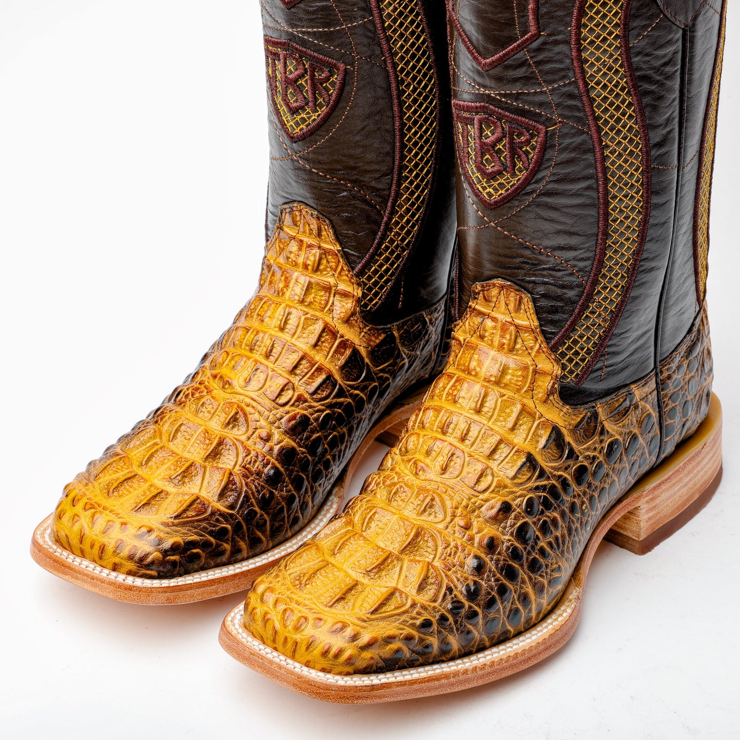 Two-Tone Caiman Neck Leather Boots - Square Toe