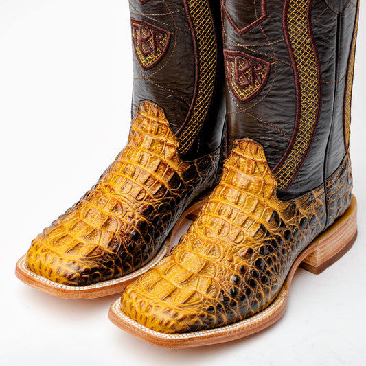 Two-Tone Caiman Neck Leather Boots - Square Toe