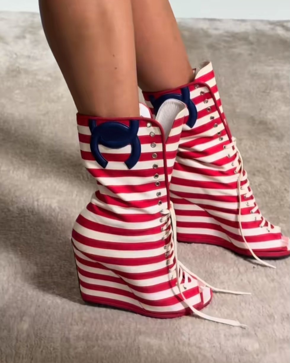 Open-Toe Striped Canvas Wedge Boots