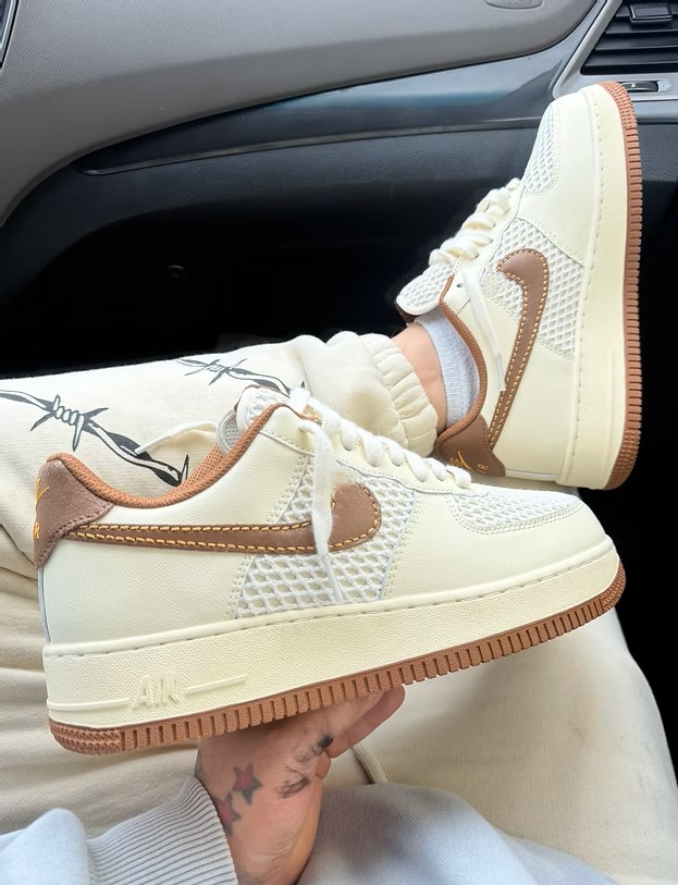 Street-Force 1 Cream Earth-Tone Kicks | Custom Aesthetic Thick-Sole Skate Shoes