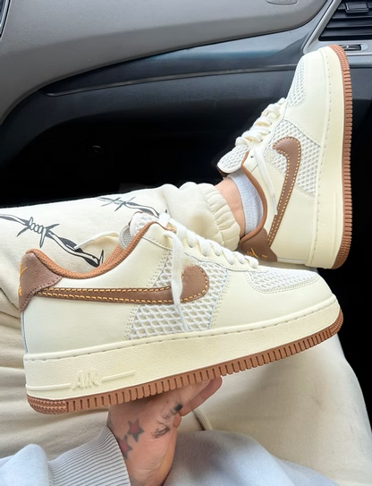 Street-Force 1 Cream Earth-Tone Kicks | Custom Aesthetic Thick-Sole Skate Shoes