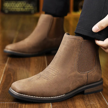 Men's Western Cowboy Boots Square-Toe Chelsea Ankle Boots