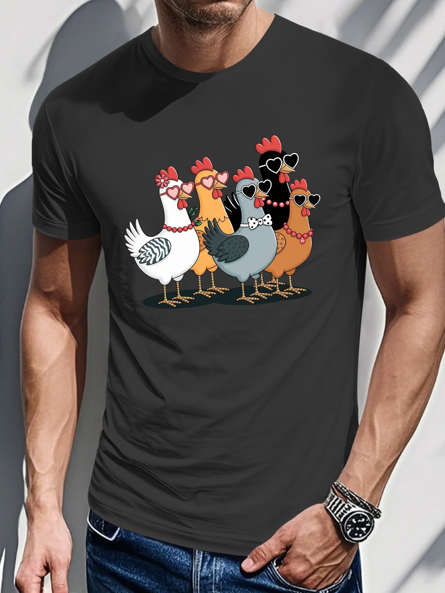 Men's Printed T-shirt-Gentleman Chicken with Sunglasses Graphics