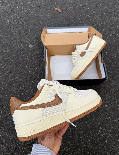 Street-Force 1 Cream Earth-Tone Kicks | Custom Aesthetic Thick-Sole Skate Shoes