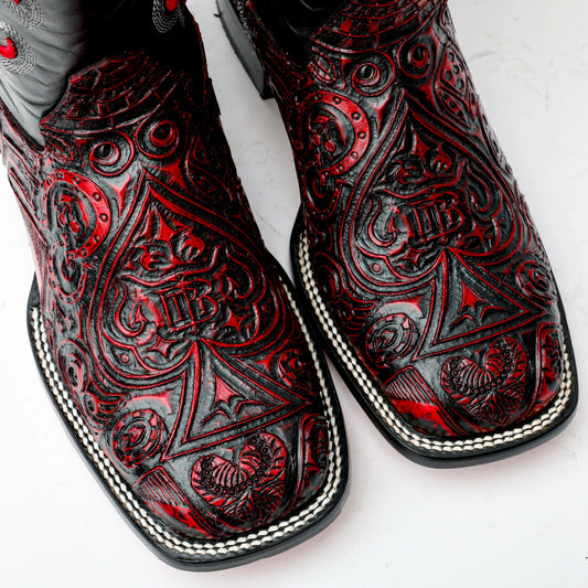 Square Toe Ace Of Spades Red Wine Boots