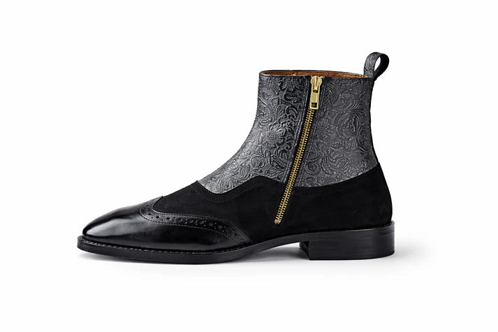 Men's Embossed Leather Brogue Zip Aankle Boots
