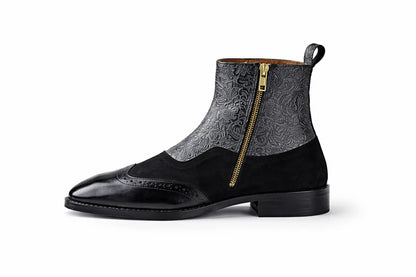 Men's Embossed Leather Brogue Zip Aankle Boots