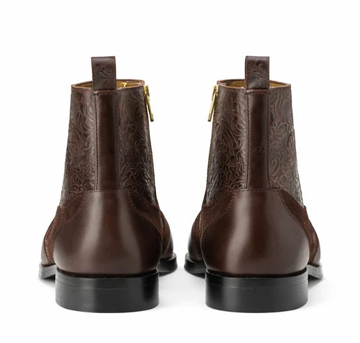 Men's Embossed Leather Brogue Zip Aankle Boots