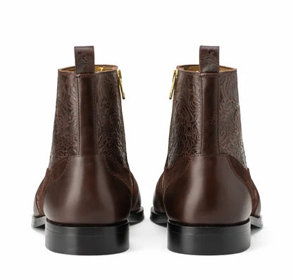 Men's Embossed Leather Brogue Zip Aankle Boots