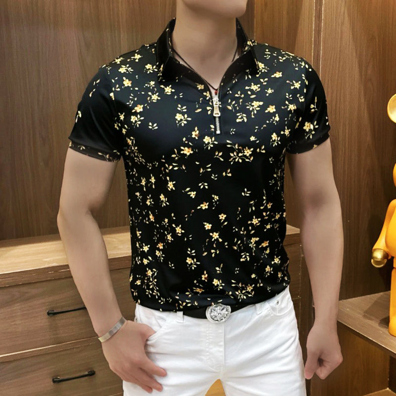 Men's Fashion Slim Fit Floral Zipper Short Sleeve Shirt