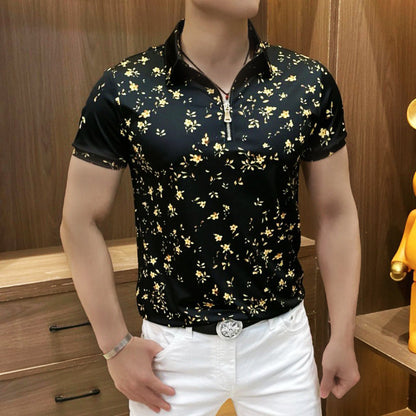 Men's Fashion Slim Fit Floral Zipper Short Sleeve Shirt