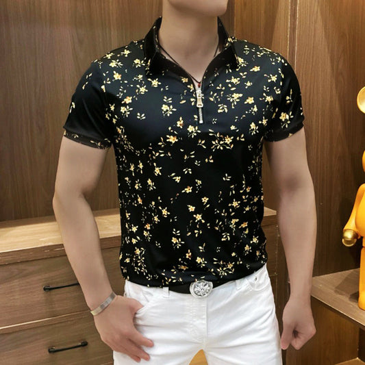 Men's Fashion Slim Fit Floral Zipper Short Sleeve Shirt