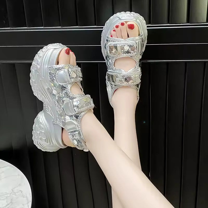 8CM Bling Platform Sandals: Beaded Double Strap Wedge Slides