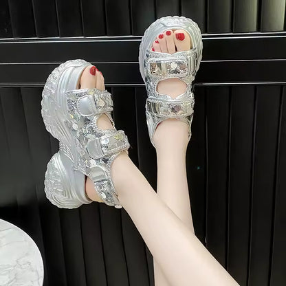 8CM Bling Platform Sandals: Beaded Double Strap Wedge Slides