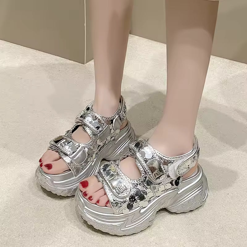 8CM Bling Platform Sandals: Beaded Double Strap Wedge Slides