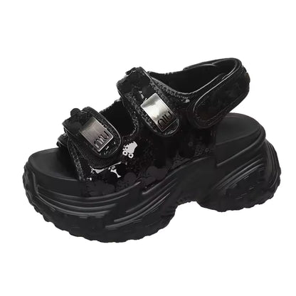 8CM Bling Platform Sandals: Beaded Double Strap Wedge Slides