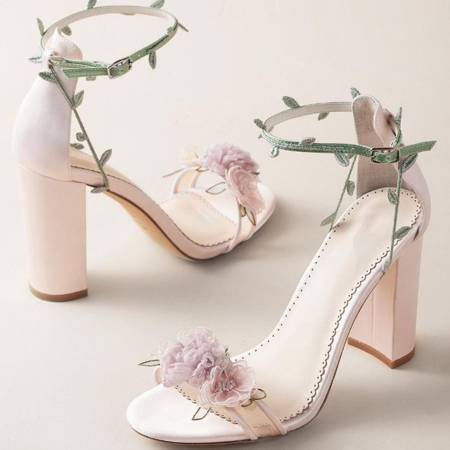 Blush Block Heels with 3D Flowers