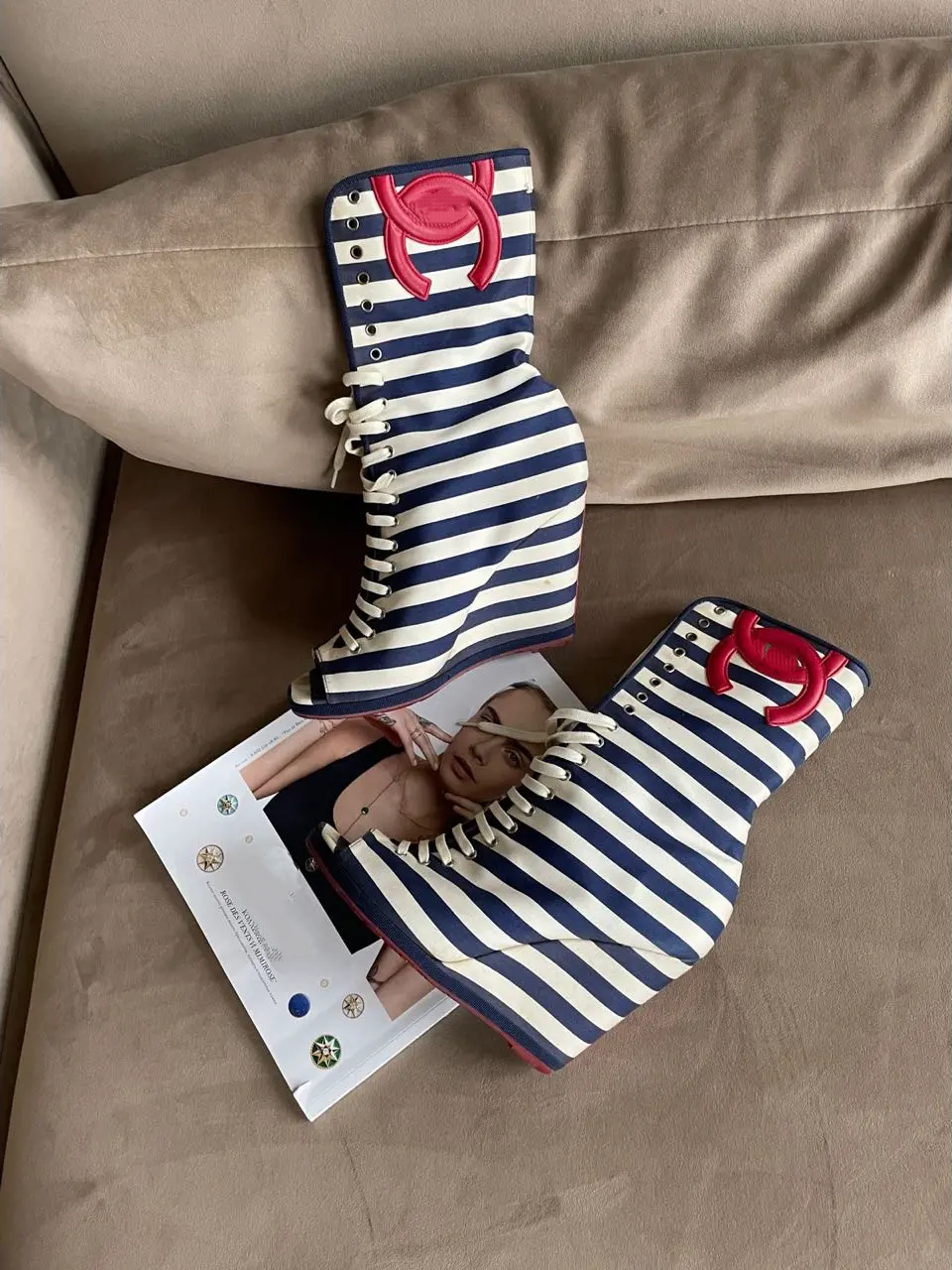 Open-Toe Striped Canvas Wedge Boots