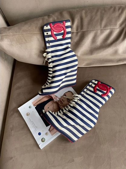 Open-Toe Striped Canvas Wedge Boots
