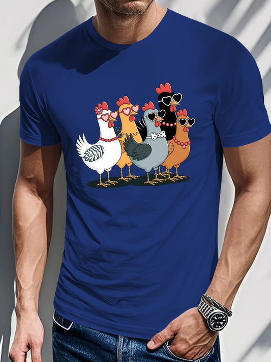 Men's Printed T-shirt-Gentleman Chicken with Sunglasses Graphics