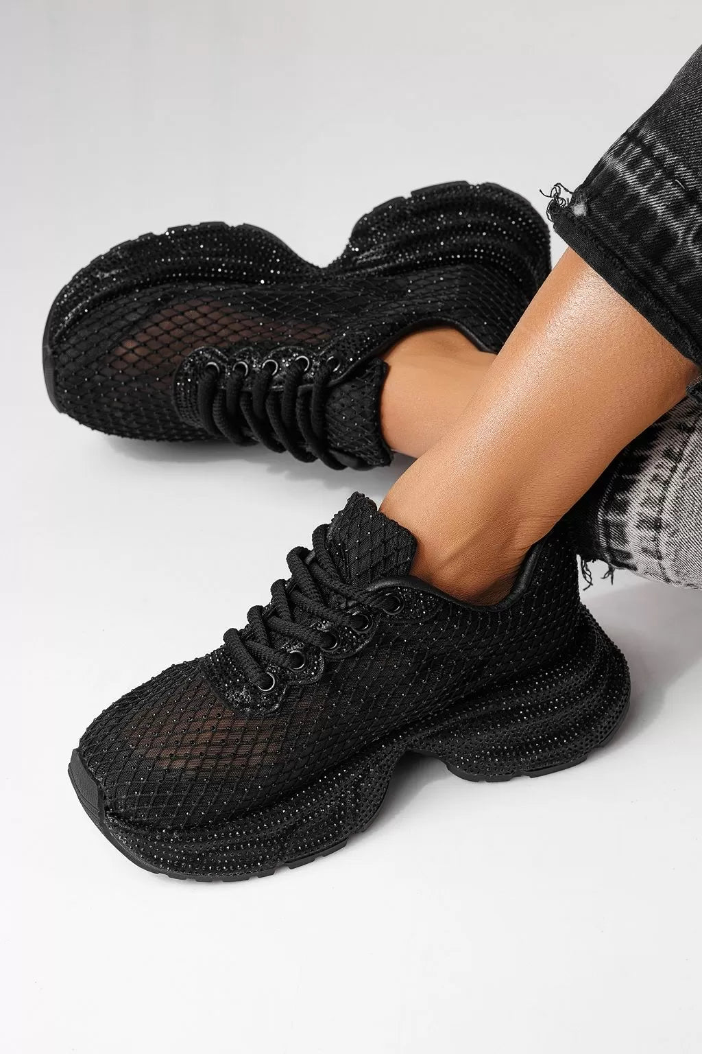 Women's Textile Mash Sparkling Sequin Thick Sole Sneakers