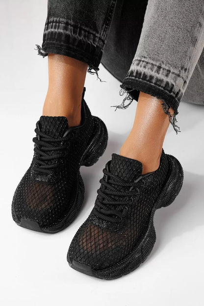 Women's Textile Mash Sparkling Sequin Thick Sole Sneakers