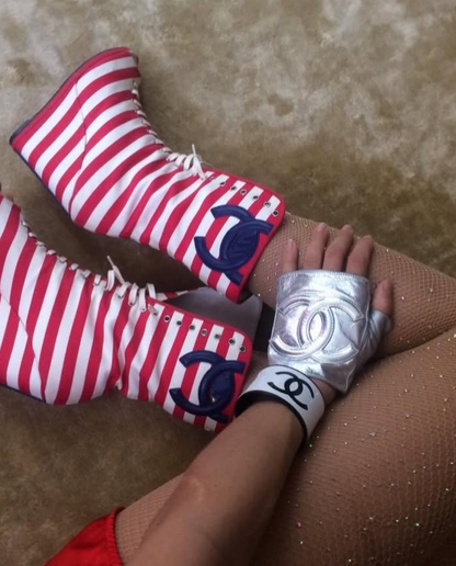 Open-Toe Striped Canvas Wedge Boots