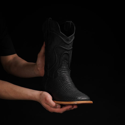 Matte Black Square Toe Python Boots