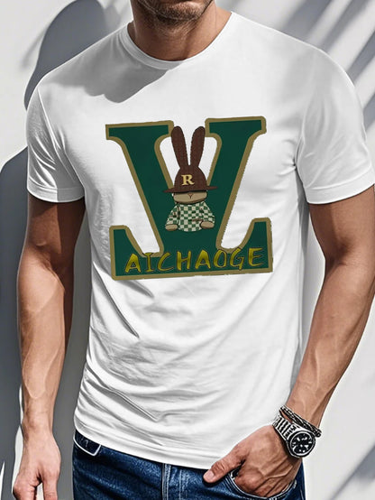 Men's Summer Casual Loose Fit T-Shirt - Olive Green Geometric Letter Print Round Neck Tee