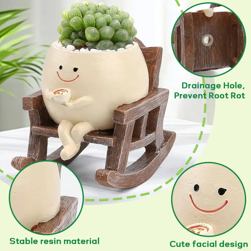 Smily Face Rocking Chair Cute Resin Flower Head Succulent Planter Pots with Drainage Hole